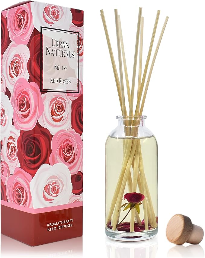 Reed Diffuser Set, Red Roses - Bathroom Shelf Décor | Floral Scented Sticks Room Freshener for Bathroom, Kitchen & Bedroom, Great Gift Idea