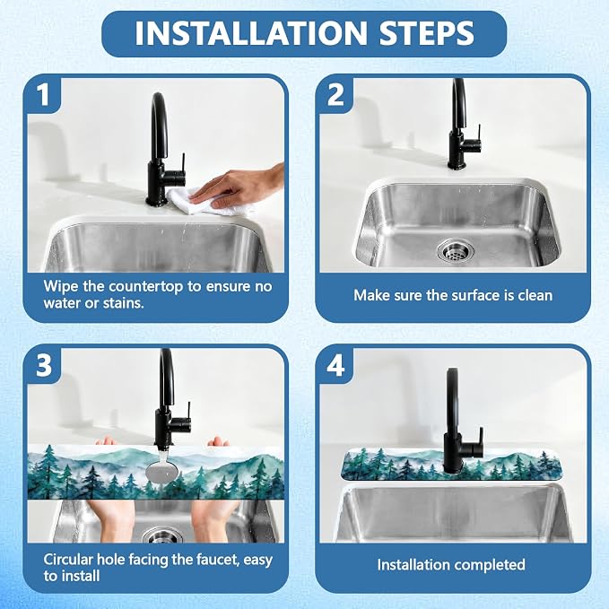 2 Pcs Kitchen Sink Splash Guard Faucet Mats Watercolor Forest Pattern Faucet Mat for Sinks Absorbing Drying Mat for Kitchen Bathroom, 23.6x5.5inch