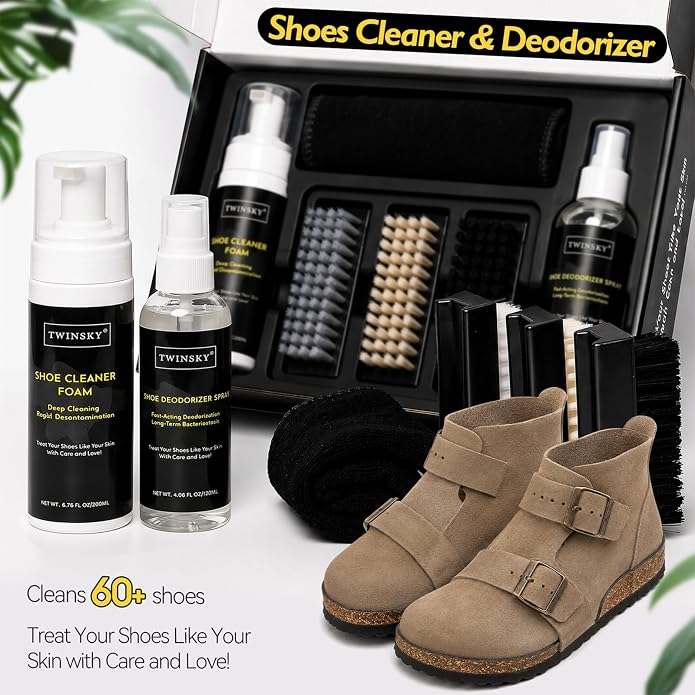 6-in-1 Shoe Cleaning Kit,Compatible with Birkenstock, with Plant-Based Foam, Deodorizing Spray, 3 Brushes & Microfiber Towel, for Sneaker, Leather, Nubuck, Boot, Suede, Athletic Shoes,etc
