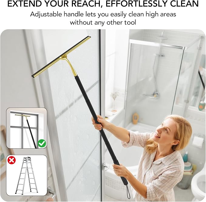 Shower Squeegee with Long Handle, Squeegee for Glass Doors | 15"-51" Telescopic Squeegee for Window Cleaning, Extendable Window Cleaner Tool for Tile Walls, Sliding Door, Car Windshield