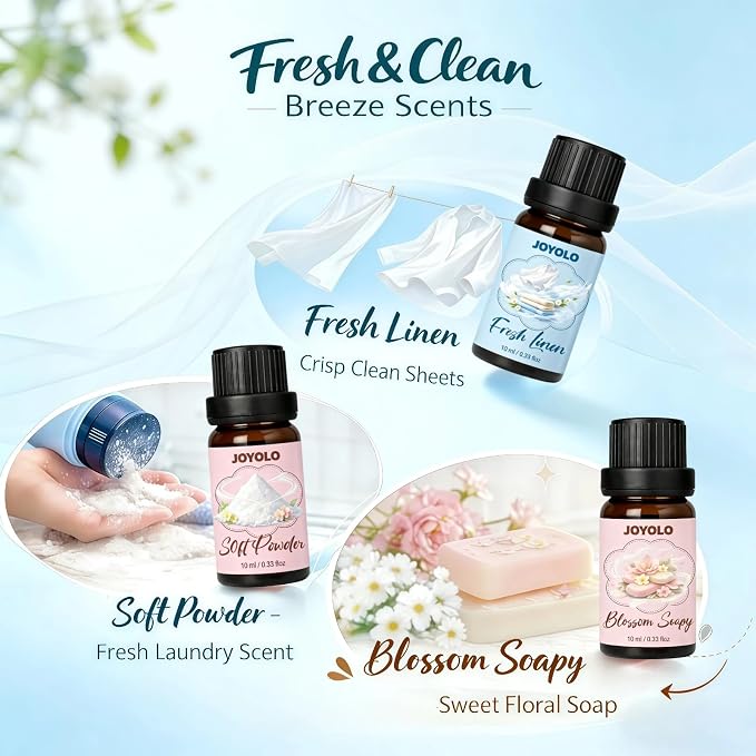Essential Oil Diffuser & Essential Oils Set, Aromatherapy Diffuser with 7 LED Colors, 6 Oils Gift Pack (Clean Home, Peppermint, Blossom Soapy, Soft Powder, Fresh Cotton, Fresh Linen)