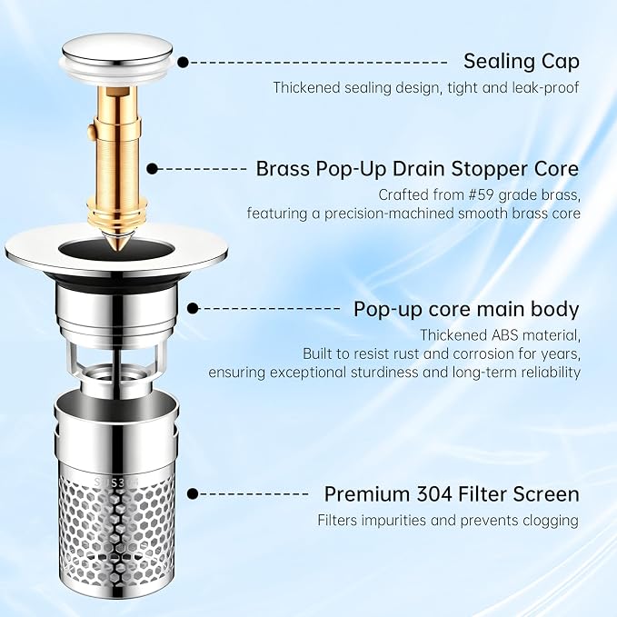 3 Pack Bathroom Sink Drain Strainer, Pop Up Stopper with Hair Catcher | Fits 1.5"-2.3" Drain Holes, Stainless Steel Basket, Brass Core, Tool-Free Installation