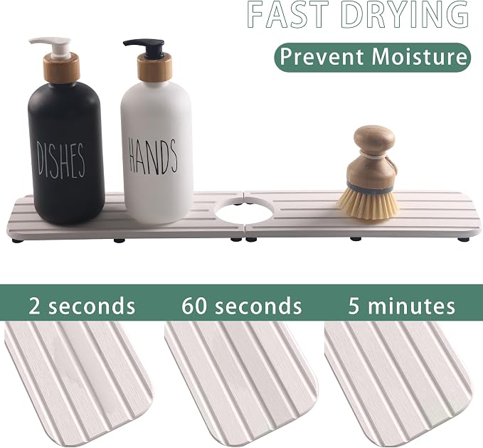 NiuYichee Faucet Mat for Kitchen Sink – Diatomite Stone Drying Mat, Absorbing Stone Tray for Bathroom Counter (White, 19.6" x 3.9")