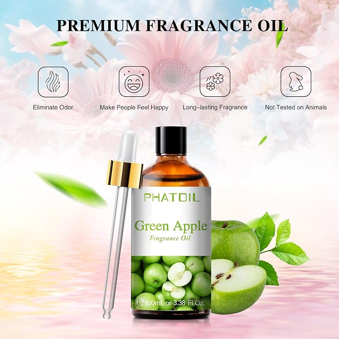 PHATOIL Green Apple Fragrance Oil for Diffuser Aromatherapy 3.38FL.OZ | Long Lasting Scented Oils For Humidifier, Air Freshener, DIY Soap Candle, Scent Project Making, Aroma Oil for Home Freshening