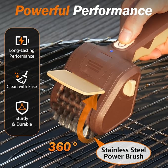 Electric Grill Brush for Outdoor Grill, Electric BBQ Grill Cleaner | Rechargeable Electric BBQ Grill Cleaning Stainless Steel Brush, Grill Scraper, BBQ Accessories Brown