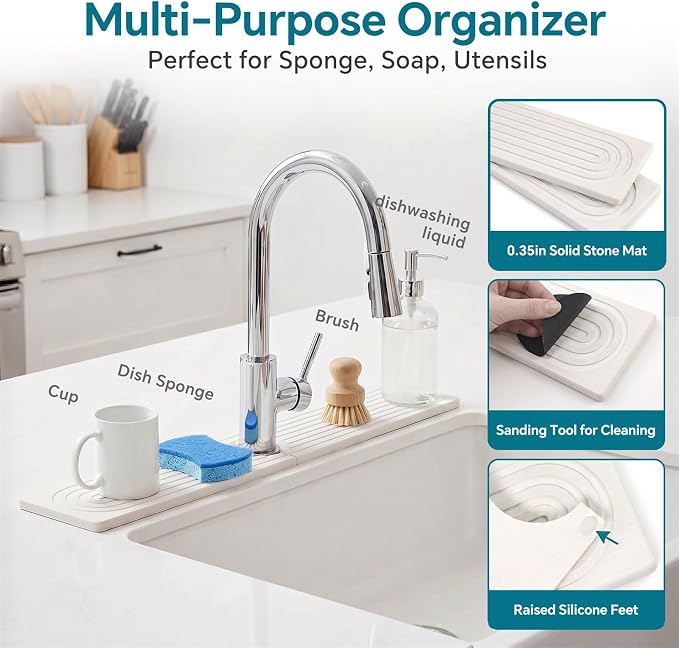 Stone Faucet Mat for Kitchen Sink-Diatomite Drying Stone Mat& Sink Protector,Quick Dry Water Absorbing Stone Tray ,Sink Splash Guard for Kitchen Counter & Bathroom Counter(White, 23.6"X3.9")