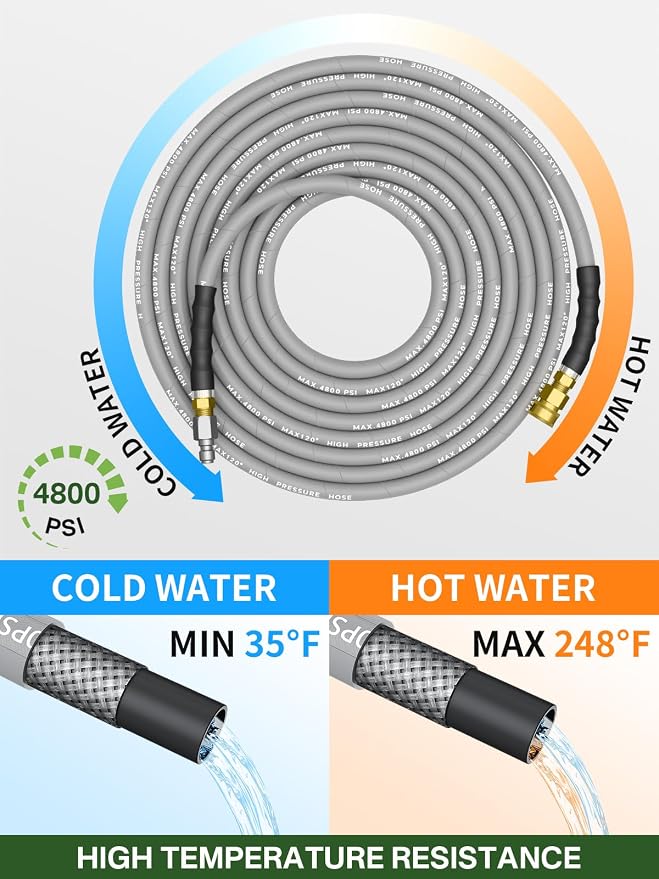 3/8" 4800PSI Pressure Washer Hose 25FT with Swivel Quick Connect for Cold/Hot Water Max 248°F, Kink Resistant Steel Wire Braided, Wear Resistant Power Washer Hose with M22 14mm Adapter