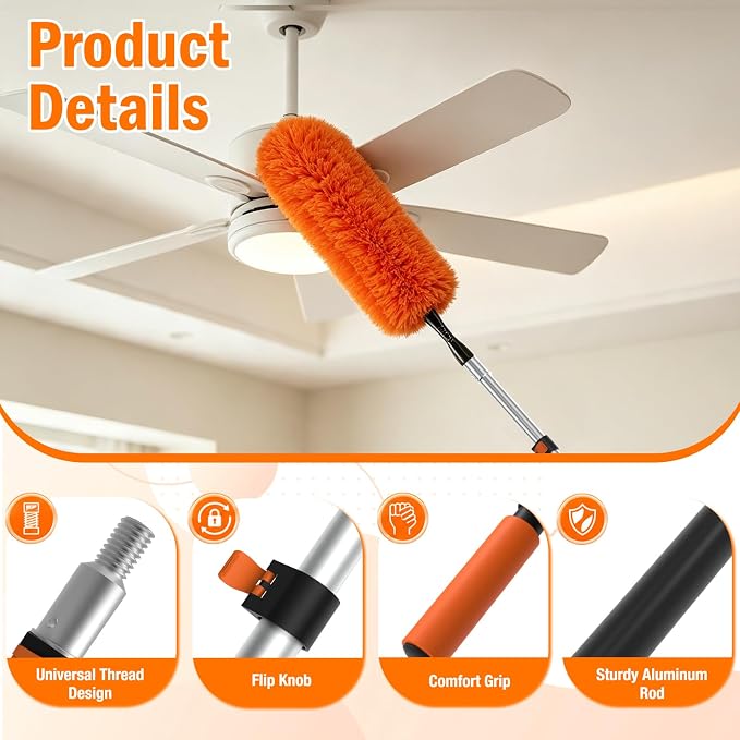 LAANPOLE 30FT High Reach Duster Cleaning Kit with Extension Pole, High Ceiling Fan Cleaner Duster Tool for Fan Blades, Window Washing Kit with Microfiber Feather Duster & Window Squeegee