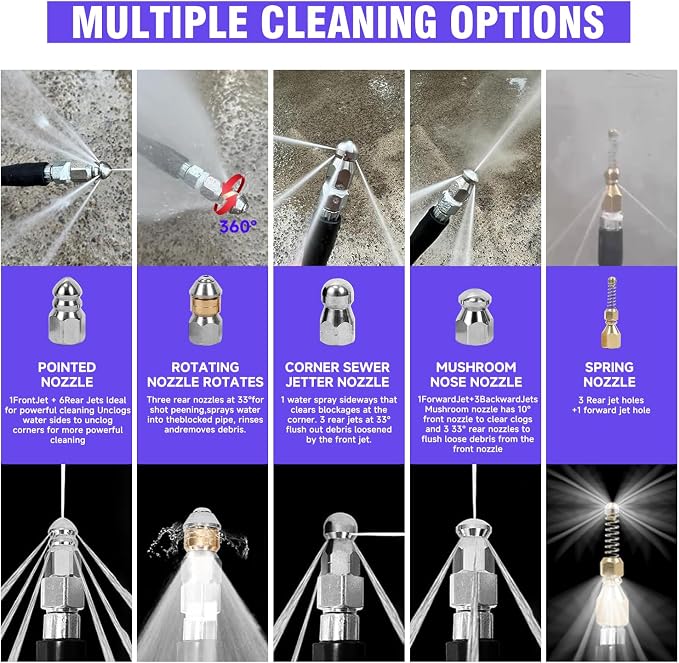 NIFUAL 100FT Sewer Jetter Kit for Pressure Washer, 5800PSI Drain Cleaner Hose 1/4 Inch NPT Corner, Rotating and Button Hose Sewer Jetting Nozzle Waterproof Tape Pearl Corsage Pin Spanner Glove