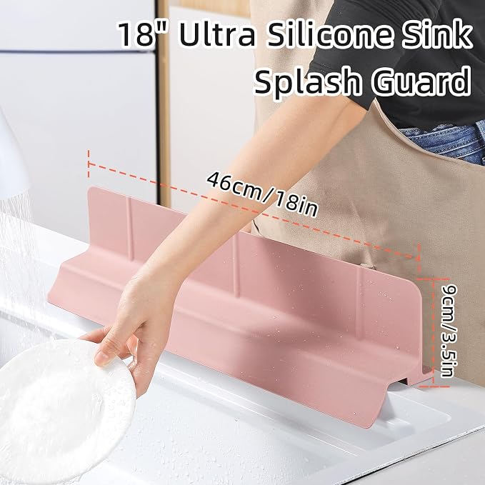 18" Upgraded Silicone Sink Splash Guard Released in 2026,Self-Draining Water Splash Guard for Kitchen Sink,Bathroom and Kitchen Island,with 3.5" High Splash Guard & 6 Strong Suction Cup (Pink)