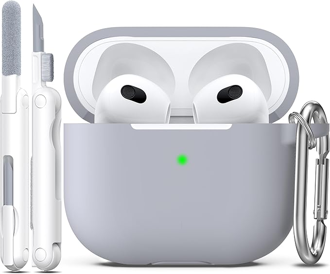 R-fun Compatible with AirPods 3 Case Cover, Silicone Protective Accessories Skin with Keychain Compatible with Apple AirPod 3rd Generation 2021 for Women Men Girls Boys,Front LED Visible,Light Grey