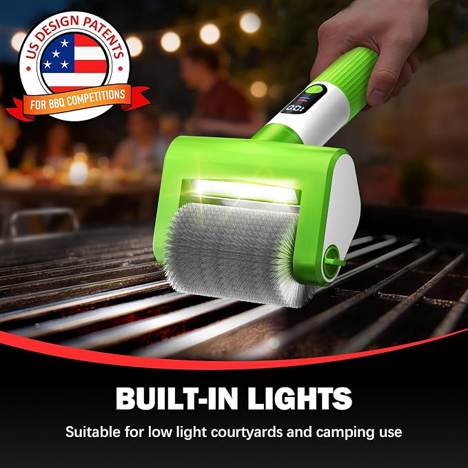 Electric Grill Brush, 2-Speed BBQ Grill Brush with LED Light/Screen Powerful Cleaning 800RPM/4000mAh/2 Brush Heads No Bristle Shedding Rechargeable Lightweight Grill Cleaner for Outdoor/Camping