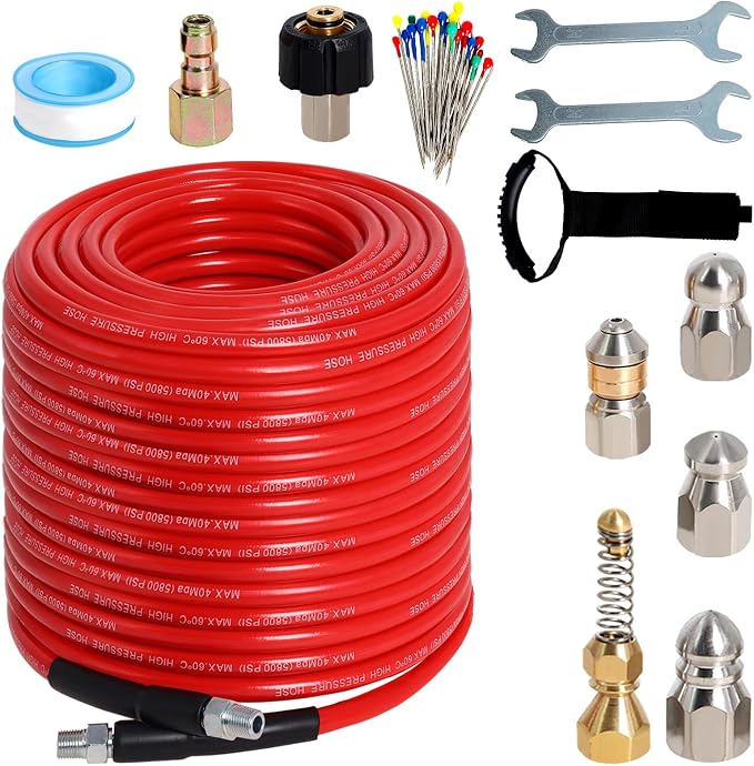 200FT Sewer Jetter Kit for Pressure Washer 5800PSI Drain Cleaner | 1/4" NPT Hose with 5 Jetting Nozzles Waterproof Tape and Spanners for Pressure Washer Drain Cleaning (Red)