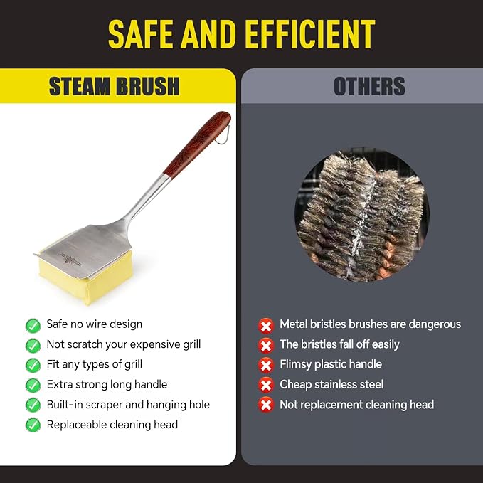 Bristle-Free Steam Cleaning Grill Brush — Features an Extended Luxurious Rosewood Handle and a Unique Wavy pad that Seamlessly fits cast Iron and Stainless Steel grates