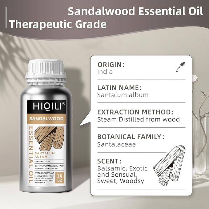 HIQILI Sandalwood Essential Oil Long-Lasting Scent for Skin Care & Diffuser | Large Capacity for DIY Perfume Blending & Full-Body Massage, Ideal for Hotels, DIY Studio, Beauty Salon, Sauna - 16 fl oz