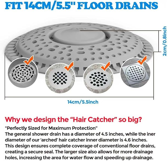 zaa Shower Drain Hair Catcher, Premium Silicone Drain Protector & Shower Drain Cover for Regular Drains of Shower Room, Bathroom, Gray