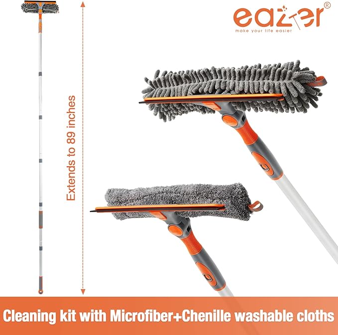 Eazer 89'' Squeegee Window Cleaner 2 in 1 Rotatable Window Cleaning Tool Kit with Extension Pole, Window Washing Equipment with Bendable Head for Indoor/Outdoor Window and Car Glass