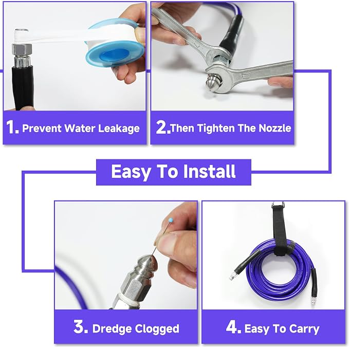 NIFUAL 25FT Sewer Jetter Kit for Pressure Washer, 5800PSI Drain Cleaner Hose 1/4 Inch NPT Corner, Rotating and Button Hose Sewer Jetting Nozzle Waterproof Tape Pearl Corsage Pin Spanner Glove