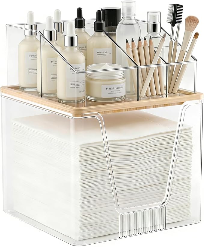 SPOSPO 2 in 1 Disposable Facial Towel Holder and Cosmetic Organizer | Clear Storage with Bamboo Lid Compatible with Clean Skin Club Towel XL, Vanity Organizer for Bathroom Vanity Counter (1 Pack)