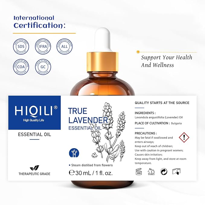 HIQILI Lavender Essential Oil for Diffuser, Aromatherapy & Air Freshening | Relaxing Aroma for Sleep, Ideal for Massage, DIY Candle Soap, Laundry & Home Cleaning Freshener - 30mL / 1.01 fl oz