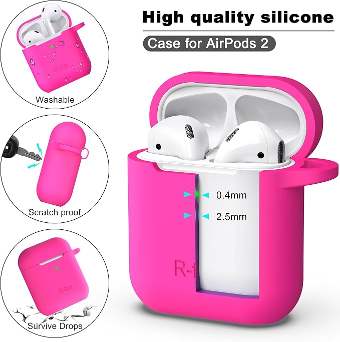 for AirPods 1/2 Case, Soft Silicone Protective Cover with Keychain and Cleaning Pen, Compatible with AirPods 2nd/1st Generation (2016/2019), Full Drop Protection Cover, Rose Pink