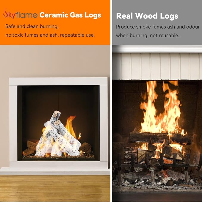 Skyflame 6 Piece Ceramic White Birch Wood Logs for Fire Pit Fireplace | Gas Fireplace Logs Set, Indoor/Outdoor Gas Inserts, Ventless, Fire Table