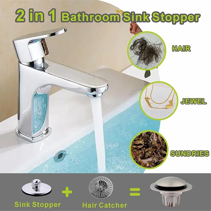 Pop Up Sink Drain Stopper Hair Catcher - Brushed Nickel 1 Pack | Satin nickel strainer replacement, Fits 1-1/8 & 1-1/2 drains, Anti clog hair catcher, Quick pop up seal, Push button gaskets.