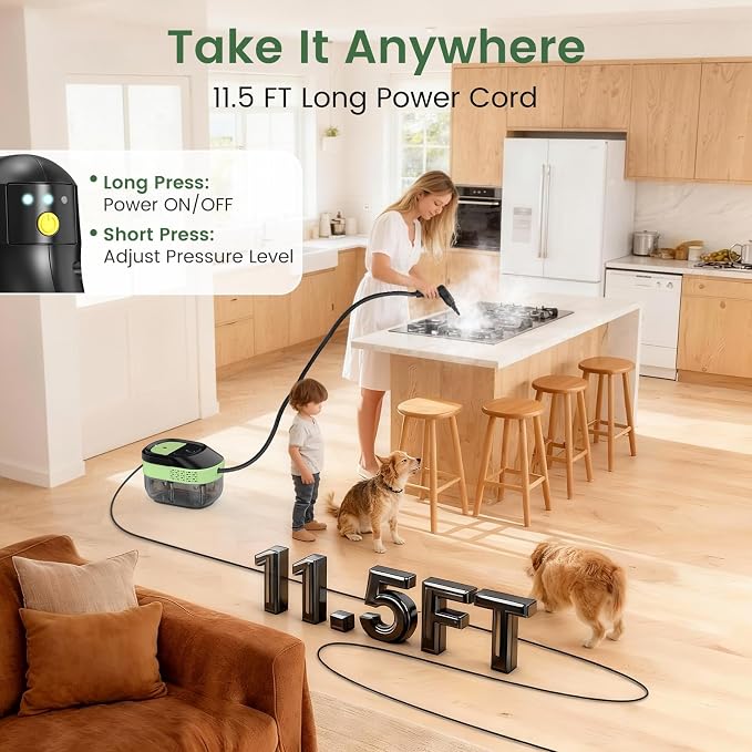 Granarbol Steam Cleaner, 2500W 1.6L Handheld Steamer for Home Car Cleaning | 10s Heat-up, 19pcs Accessories, 3 Levels, Chemical-free Cleaning for Kitchen, Floor, Bathroom, Car Interior, Black & Green