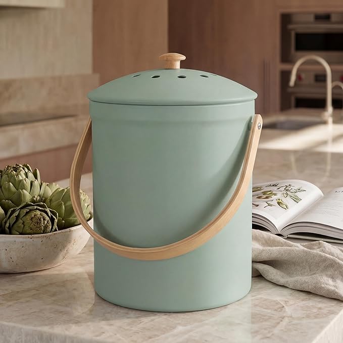 Beautiful Kitchen Compost Bin with Smell Proof Lid - Rust Proof and Odorless Compost Bucket for Your Countertop with No Smell Filters - Easy to Clean 1.1 Gallon Bin Looks Great On Any Kitchen Counter