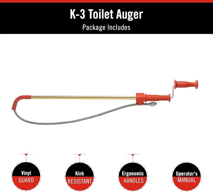 RIDGID 59787 Model K-3 Toilet Auger with Unclogging 3-Foot Snake and Bulb Head