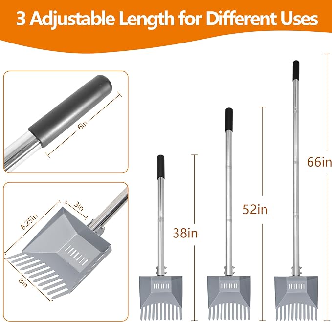 Heavy Duty Pooper Scooper 66in Tempered Spring Steel Scoop Long Stainless Steel Handle Dog Pooper Scooper for Large Dogs Outdoor Pet Waste Removal Shovel | Long Stainless Steel Handle Dog Pooper Scooper for Large Dogs Outdoor Pet Waste Removal Shovel