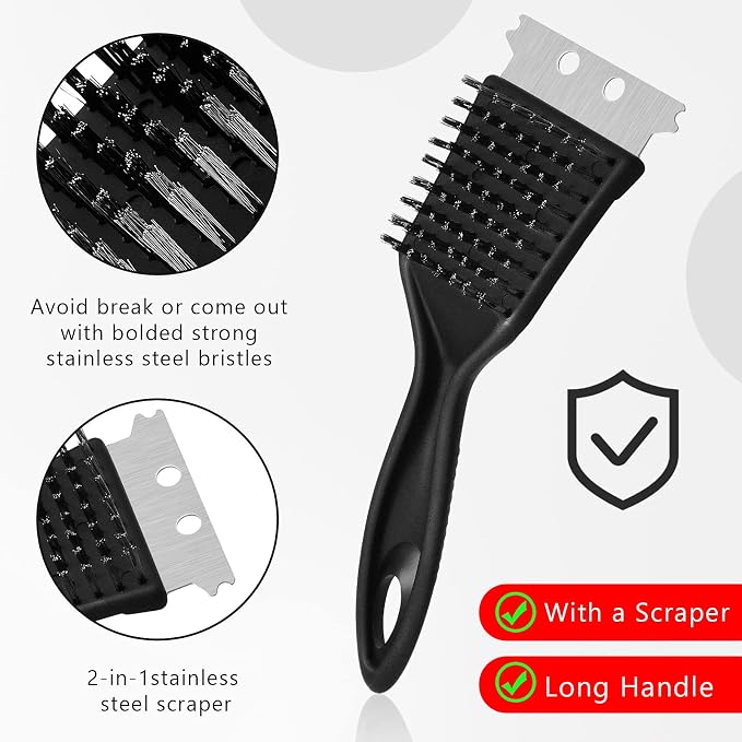 Chengu 2 Pcs 8 Inch BBQ Grill Brush for Outdoor Grill and Scraper Stainless Steel Wire Extra Strong Cleaner Heavy Duty Barbecue Cleaning Brush Cleaner