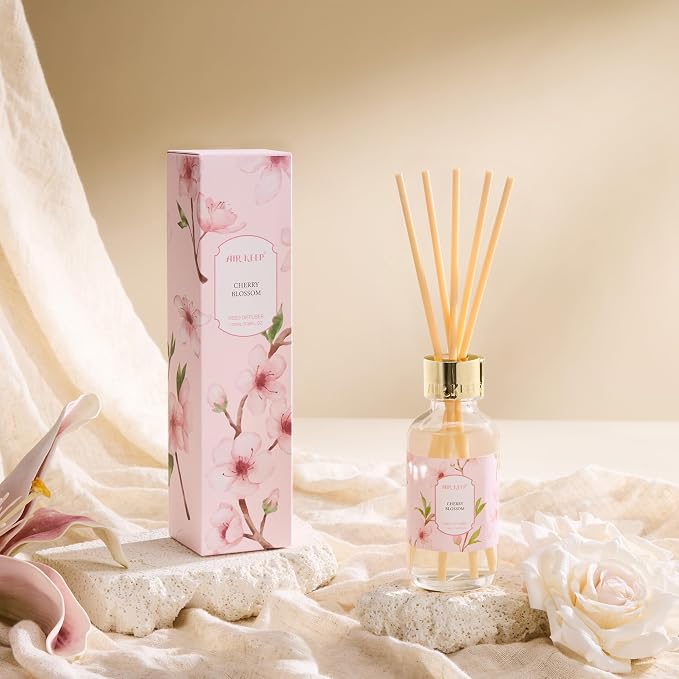 Reed Diffuser Oil Set with Reed Sticks,Cherry Blossom Aromatherapy Oil Scent Diffuser for Home Office Bathroom Decoration Perfume and Gifts 3.38 oz/100ml