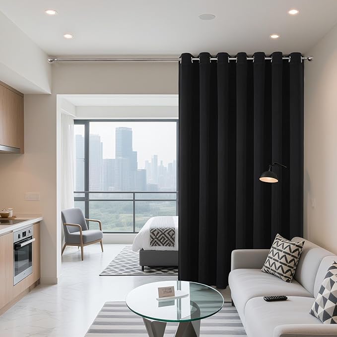 Joydeco Blackout Patio Sliding Door Curtains 96 Inches Long, Grommet Privacy Room Divider Curtains, Extra Wide Thermal Blackout Drapes for Bedroom Living Room (Black, 100Wx96L, 1 Panel)
