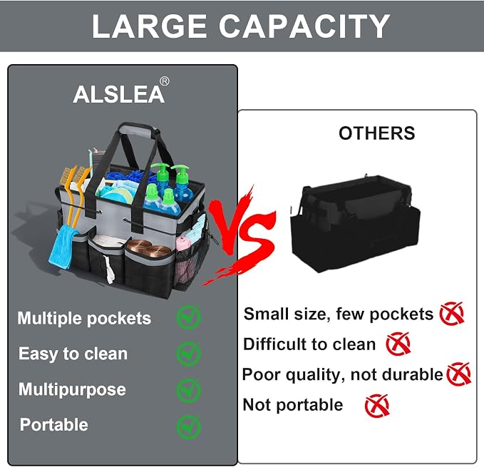 ALSLEA Large Cleaning Caddy Bag 15" x 10½" x 9" Heavy-Duty Organizer Tote for Home, Housekeepers, Janitors Cleaning Caddy for Cleaning Supplies with Shoulder Strap & Multiple Pockets (Gray)