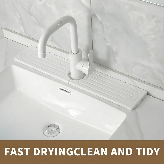 Faucet Mat for Kitchen Sink -Diatomite Stone Drying Mat for Kitchen Counter & Bathroom Sink,Quick-Dry Kitchen Sink Mat-Sink Protector & Splash Guard,Super Absorbent (White, 15.8"x4")