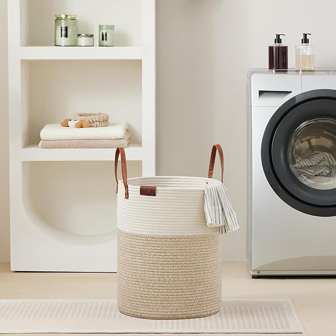 VIPOSCO Tall Laundry Basket, Large Dirty Clothes Hamper with Leather Handle, Woven Rope Storage Basket for Blanket, Toy In Living Room, Bathroom, Bedroom - 53L White & Brown