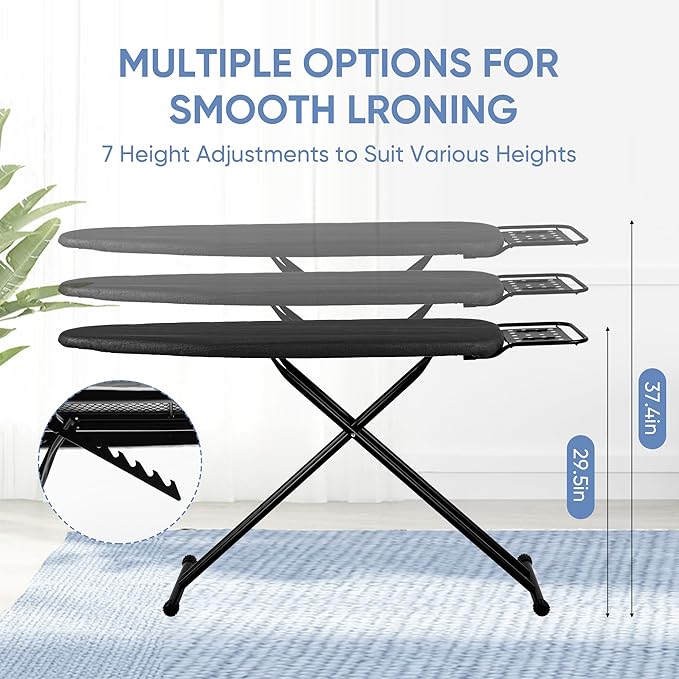 Full Size Ironing Board 47" X 15" with Heat Resistant Cover and Thicken Felt Pad, Safety Iron Rest, Anti-Skid Feet, Height Adjustable, Heavy Duty,Black