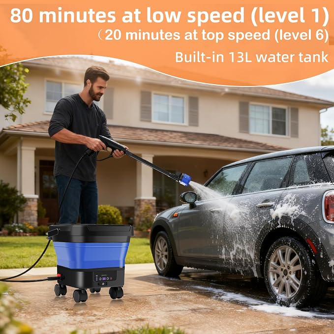 Portable Pressure Washer Rechargeable with 13L Water Tank, Foldable Power Washer Cordless, 7 Adjustable Pressure Levels, Water Sprayer with 23FT Hose for Camping, Bike, Pet, Garden, Car Wash