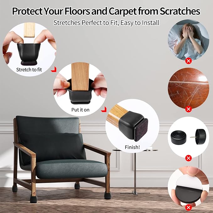 Ezprotekt 24 Pcs Square Silicone Chair Leg Floor Protectors for Wood Floors, Black Felt Furniture Pads Caps, Bar Stool Leg Floor Protectors Covers for Dining Table Chair (Fit 1.1"- 1.45")