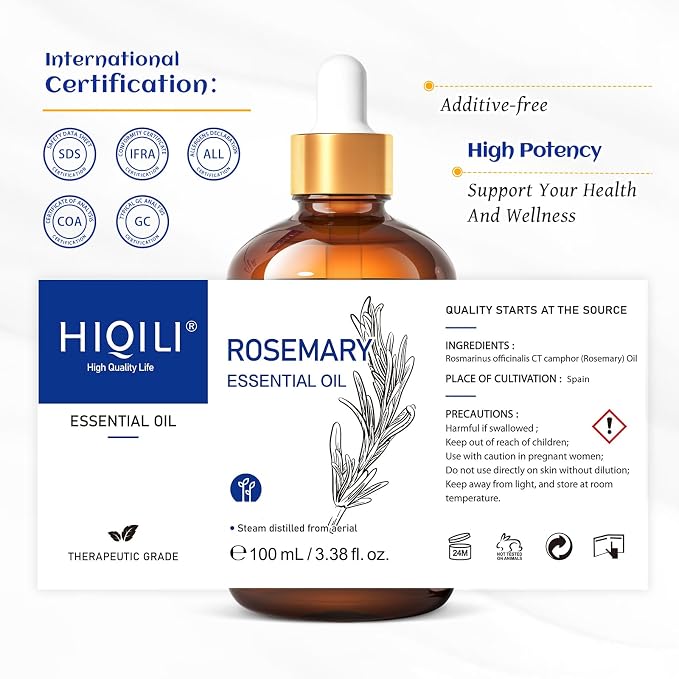 HIQILI Rosemary Essential Oil for Hair Care, Diffuser & Aromatherapy | Essential Oils with Travel Bottle, for Humidifier, Skin Care, Massage, Candle and Soap Making —100ml / 3.38 fl oz