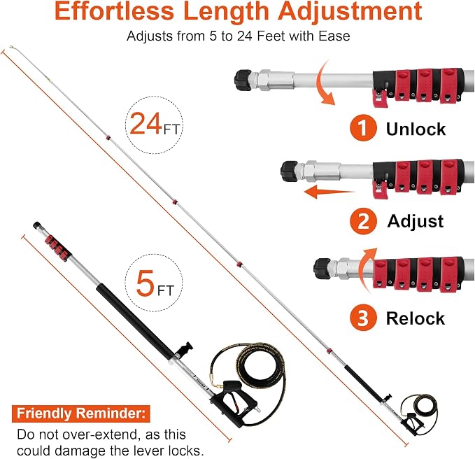 Telescoping Pressure Washer Wand 24 ft Pressure Washer Extension Wand 24 Feet Power Washer Extension Wand Aluminum with Brush Head,Gutter Cleaner, 5 Spray Nozzle Tips, 2 Hose Adapters, Support Belt