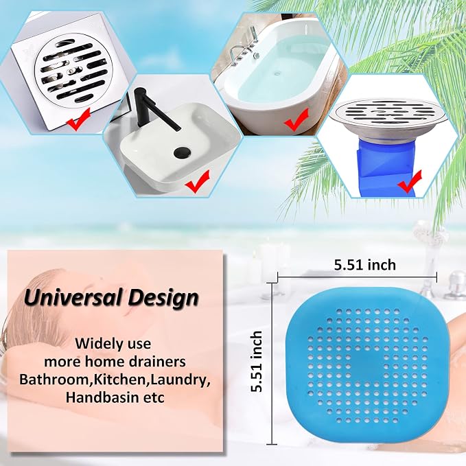 Bovinde Hair Drain Catcher,Square Cover for Shower 2 Pack (Blue) | Drainer Cover Silicone Hair Stopper with Suction Cups,Protector Accessories,Easy to Install Suit for Bathroom,Bathtub,Sink