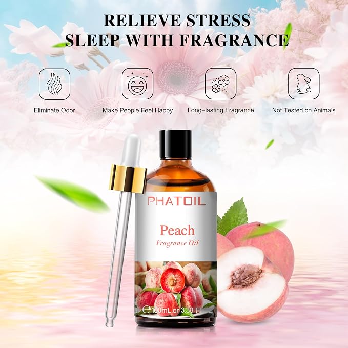 PHATOIL Peach Fragrance Oil for Diffuser Aromatherapy 3.38FL.OZ | Long Lasting Scented Oils For Humidifier, Air Freshener, DIY Soap Candle, Scent Project Making, Aroma Oil for Home Freshening