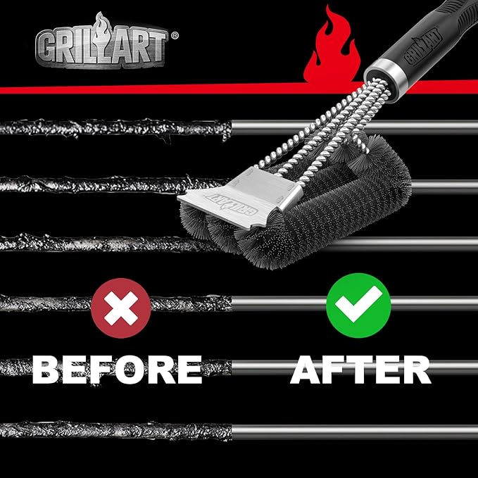 GRILLART Grill Brush, 18'' Extra-Strong Handle, BBQ Cleaner with Scraper | Remove Tough Grime, Triple Safe Wire Bristle Scrubbers, for Gas, Charcoal & Smoker, Steel Grates, 360°Wizard Cleaning
