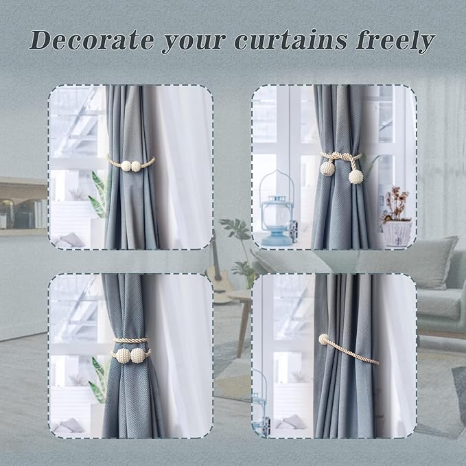 Hion Magnetic Curtain Tiebacks Beige 6 Pack, Curtain Tiebacks Buckles Holdbacks Holders Hooks Clip for Home Bedroom Office Decorative Thick or Thin Curtain