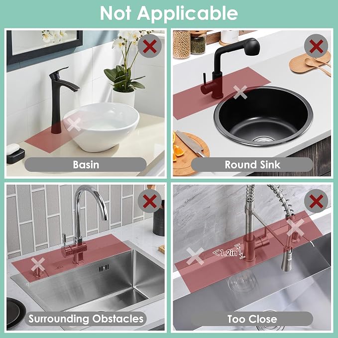 24 Inch Silicone Faucet Mat for Kitchen Sink Splash Guard - 7° Slope Water Draining Mat With Fasten Button for Bathroom Area (Black, 14.6''x5.5'')