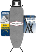 Bartnelli by Rorets Ironing Board Made in Europe | Iron Board with 4 Layered Cover & Pad, Height Adjustable up to 36" Features A Safety Iron Rest, 4 Steel Legs, for Laundry Room or Dorm Use (43x14)