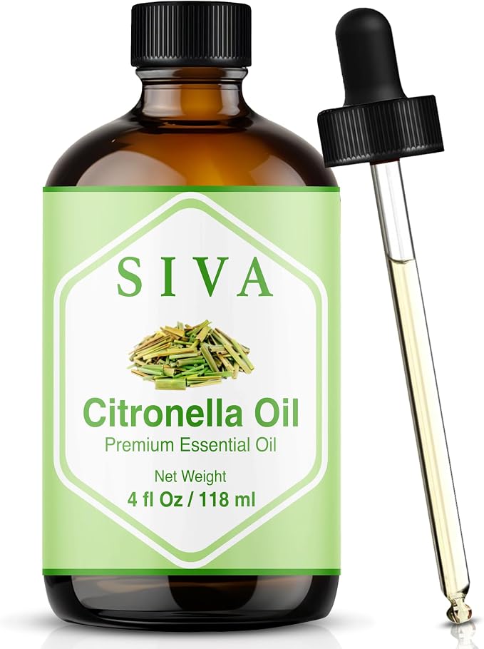 Siva Citronella Essential Oil, Glass Bottle with Dropper, 4 Fl Oz (118 ml) | Citronella Oil for Outdoor Spray, Patio, Diffuser, Home Fragrance, Candle, Soap, Body Massage, Cleaning Blends & DIY Projects