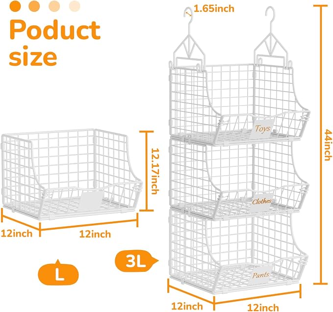 Hanging Closet Organizers and Storage, 3 Tier Closet Shelf Clothes Organizer with 2 S-Hooks, Multi-Functional Iron Wire Baskets, for Clothing, Sweaters, Handbags, Hat, Canned